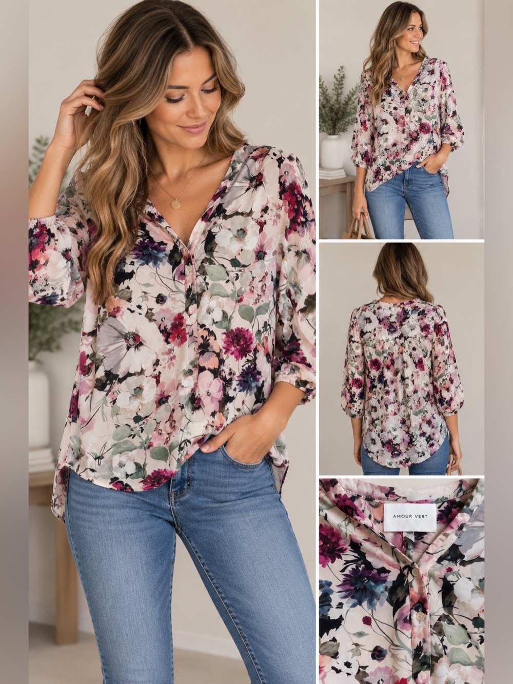 Amour Vert 100%Silk Blush Multi Floral Button-Front Blouse